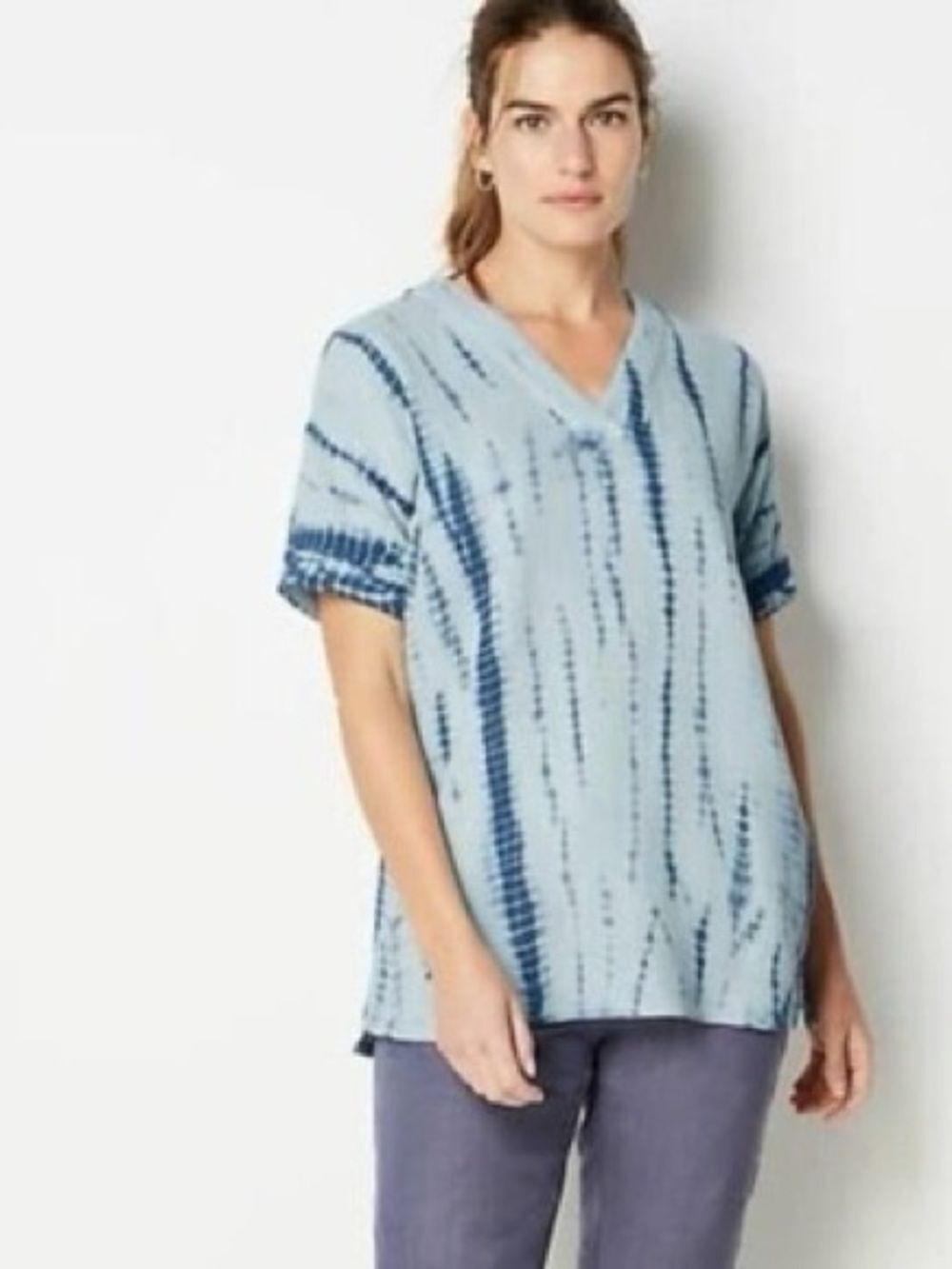 (J1) J.JILL PURE JILL $99 Blue Tie-Dyed Crinkle Gauze TunicBoxy Fit Slub, Sz L